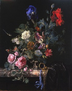 476px-willem_van_aelst_-_bloemenstilleven_met_horloge Виллем ван Алст. Цветы в серебряной вазе