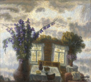 Орлов И.М.Пейзаж с букетом и интерьером, 1996, 100х113, холст, масло Орлов И.М.Пейзаж с букетом и интерьером, 1996, 100х113, холст, масло
