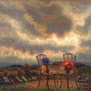 Орлов И.М. Валдайский пейзаж (Пейзаж с двумя стульями), 1998, 100х100, холст, масло Орлов И.М. Валдайский пейзаж (Пейзаж с двумя стульями), 1998, 100х100, холст, масло
