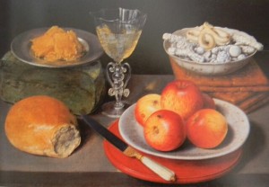 Georg Flegel. Breakfast with appels, sweetmeats, bread and butter. 1566-1638, oil on wood, 30x43, Darmstadt, Landesmuseum